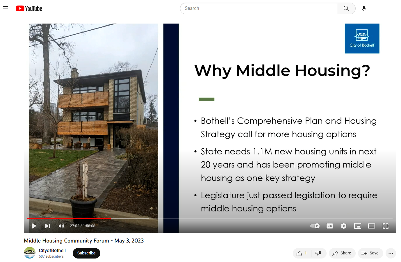 Screen grab from the YouTube recording of the middle housing presentation that says "Why Middle Housing?"