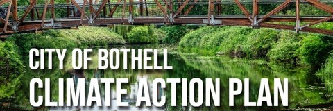 Text 'City of Bothell Climate Action Plan' overlaid over a photo of the Park at Bothell Landing Bridge