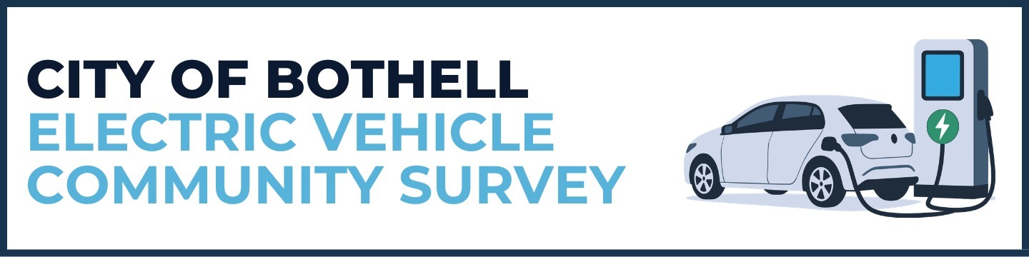 "City of Bothell Electric Vehicle Community Survey" with an image of a grey electric vehicle charging.